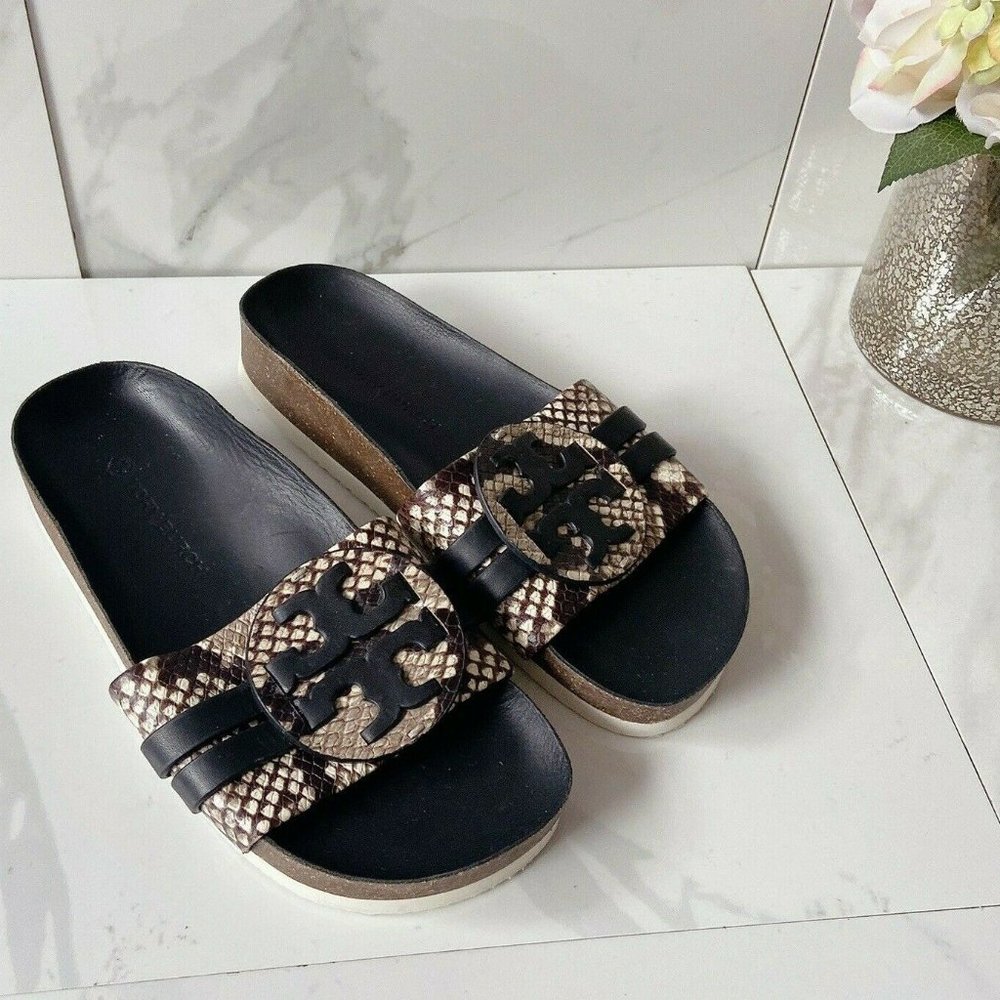 Tory Burch Leigh Slides Sandal Flat Black White 5